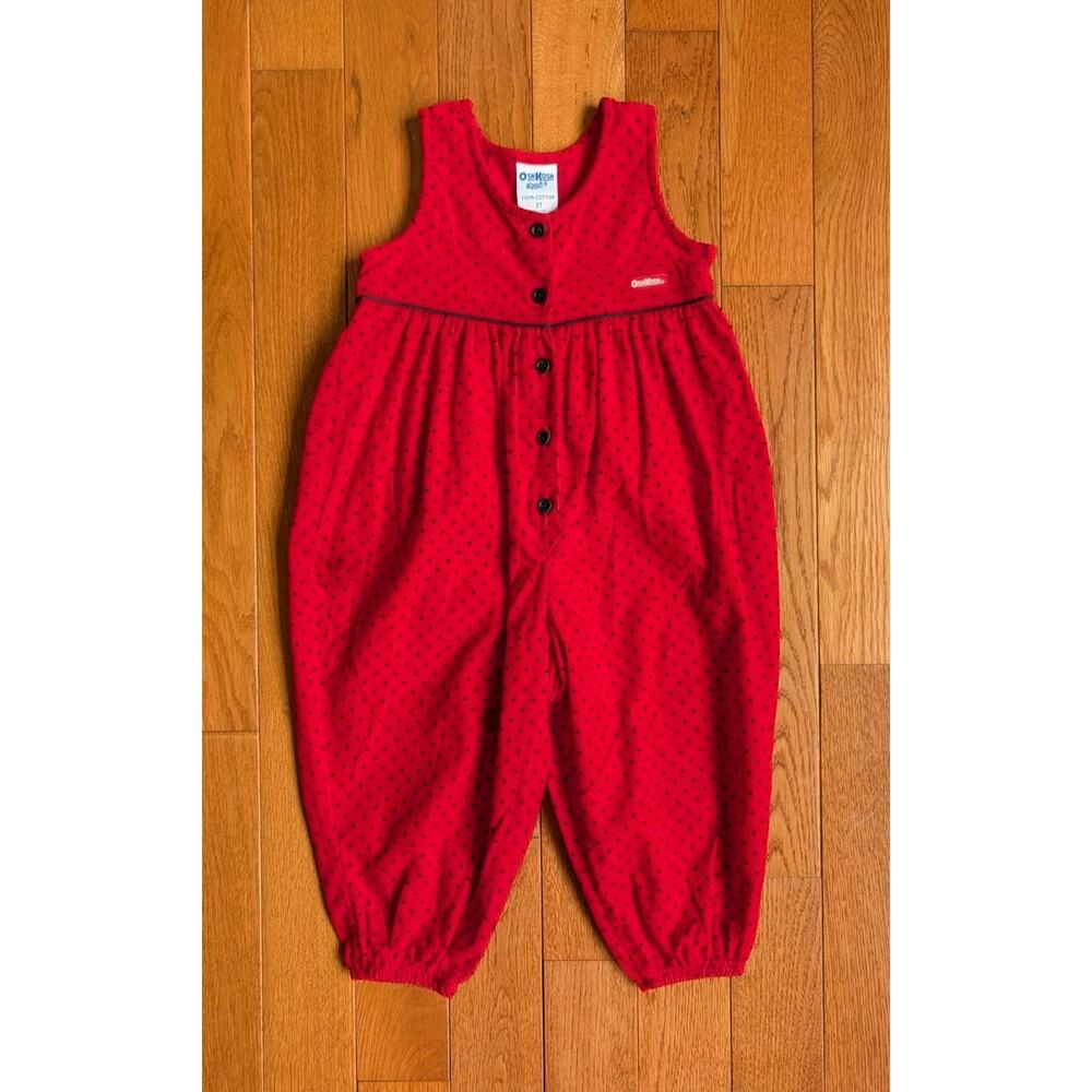 Vintage Oshkosh B'gosh Red Black Polkadot Corduroy Romper Cotton 2T